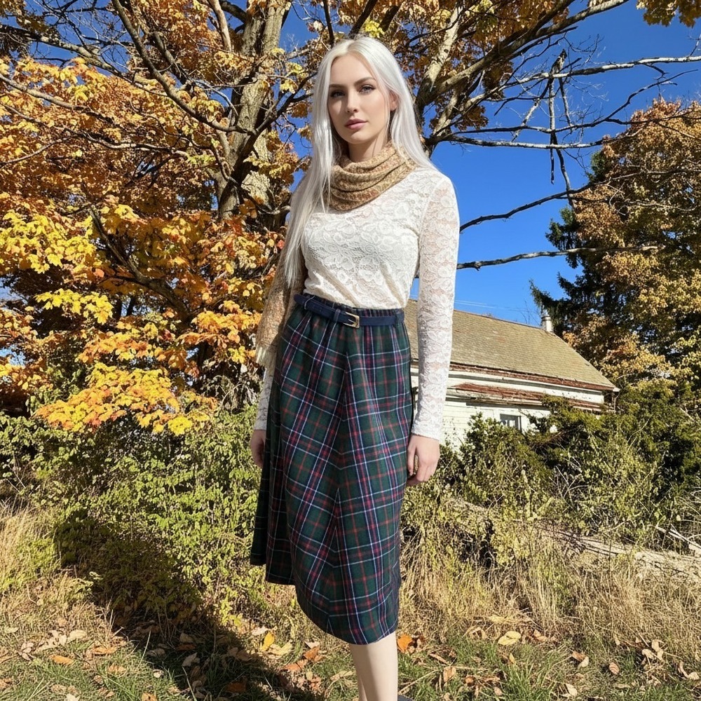 Vintage 80s Wool Plaid A-Line Midi Skirt Green Red Tartan Large